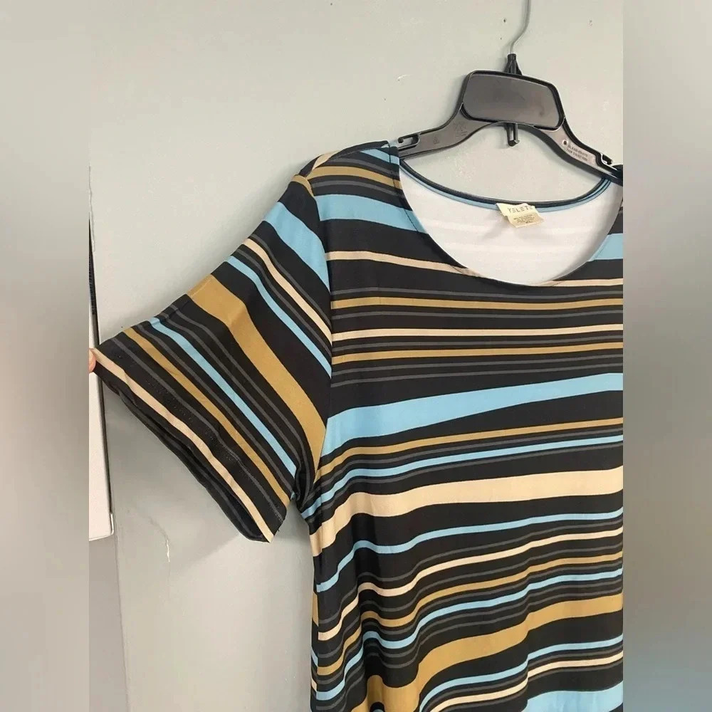 Yelete Stripped Short Sleeved Casual Midi Dress Pockets Crew Neck Flare Size XL - Picture 3 of 6